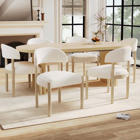 Lote de 6 sillas de comedor en madera maciza con revestimiento bouclé natural (1/5)