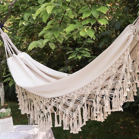 Hamac Chaises Balancoire Jardin Exterieur Maison Blanc Coton Corde Maroc Macramé-200150cm (1/5)
