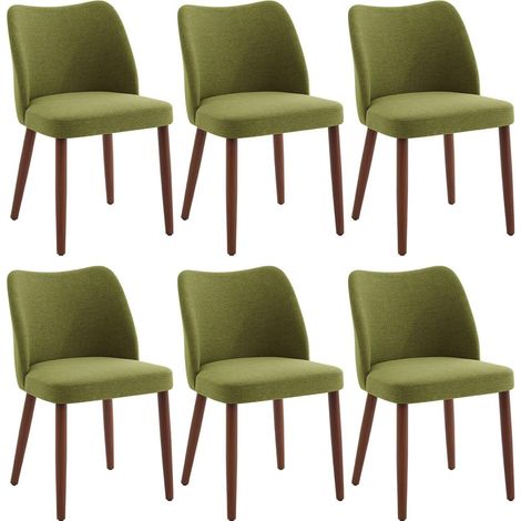 Lot de 6 chaises de salle à manger - assise rembourrée en tissu aspect lin - pieds en Bois- design moderne - vert (1/5)