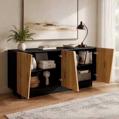 MEUBLIV Sideboard 160 cm noir et bois – grand rangement à portes géométriques (1/5)