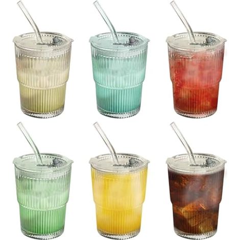 Lot de 6 Gobelets en Verre 400 ml Avec Couvercle et Paille - Pour Smoothie, Café, Café Glacé, Jus, Eau, Thé (1/5)