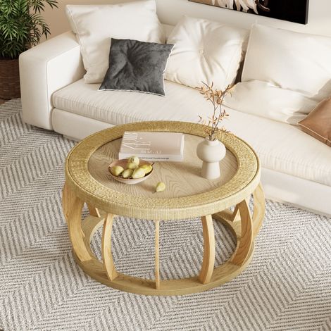 Mesa baja redonda de ratán y madera maciza, patas curvas, diseño bohemio, natural, 90x90x43 cm (1/5)