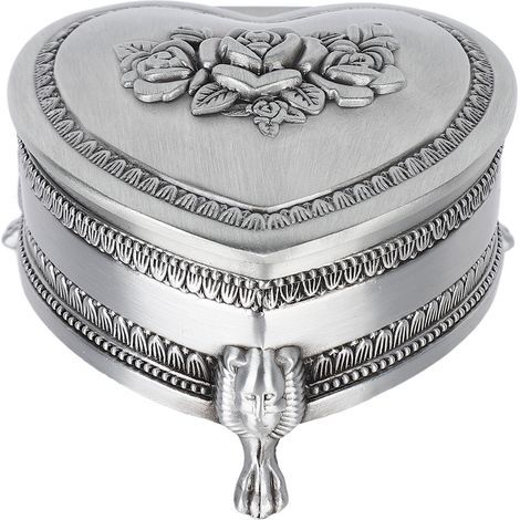 Boîte à bijoux vintage en forme de cœur métallique avec motif rose, organisateur pour bagues et boucles d'oreilles (1/5)