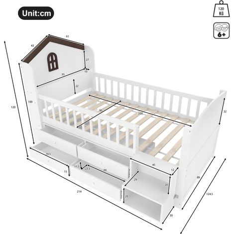 Lit mi-hauteur 90x200 cm, forme maison avec fenêtre, 4 tiroirs, éclairage LED intégré, échelle de rangement, sans matelas, blanc. (1/5)