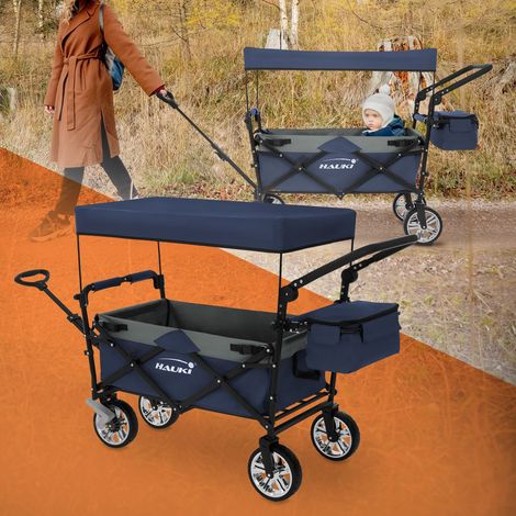 Hauki Carro de Mano Plegable con Toldo para la Playa, Azul-Gris, Transporte de hasta 120 kg para Niños o de Equipamiento incl. 2 Bolsillos de Malla y 1 Bolsa Exterior, Remolque con Freno en Rueda (1/5)