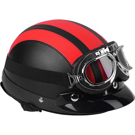 Ej.Life 54 – 60 cm Motorradhelm, offener Helm aus Leder und weichem Innenfutter, mit -beständiger Brille, Rot. (1/5)