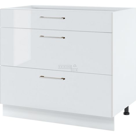 Casserolier Bellissi Blanc Brillant L 90 cm -  Porte avec poignée apparente Coulisses tiroir sans amortisseur White
