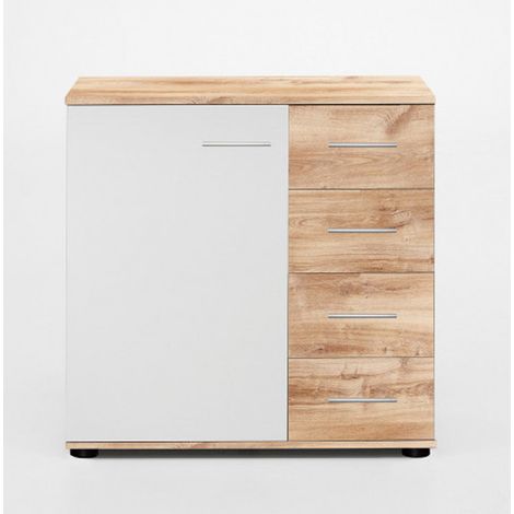 Commode meuble de rangement coloris imitation chêne poutre/blanc - Longueur 81 x Hauteur 83 x Profondeur 41 cm -PEGANE-