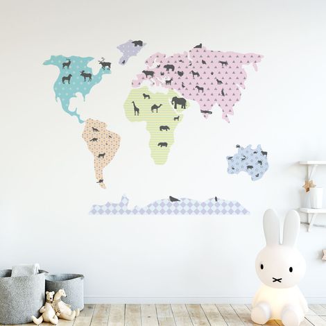 Stickers muraux Sticker Mural Autocollant - CARTE DU MONDE + LES ANIMAUX À COLLER - adhésifs fond transparent - 60x100cm (1/5)