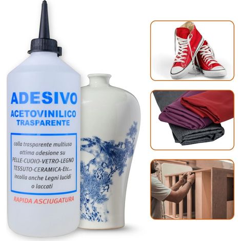 TENDAGGIMANIA Colla aceto vinilica trasparente Bricolage 500ml ADESIVO RAPIDO- Colla per tessuti, legno, ceramica, scarpe, tappezzeria (1/5)