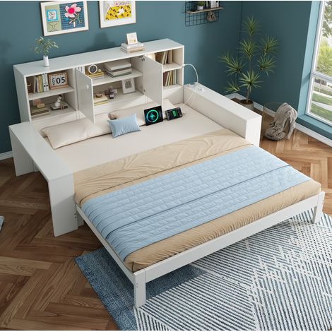 Ausziehbett 90x200 cm mit Ausziehbett und Aufbewahrung, in Weißholz, ohne Matratze (1/5)