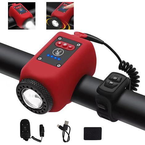 Clacson elettronico per bicicletta con luce, mini campanello per bicicletta elettrica con 6 suoni, faro ricaricabile tramite USB-C, volume regolabile/4 modalità di illuminazione/resistente all'acqua, (1/4)