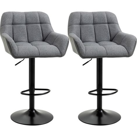 Tabourets de bar de cuisine x2, hauteur réglable, pivotants 360° avec dossier et repose-pieds, style lin, confort jusqu’à 120 kg, gris, 57.5x52.5x93–114 cm (1/5)