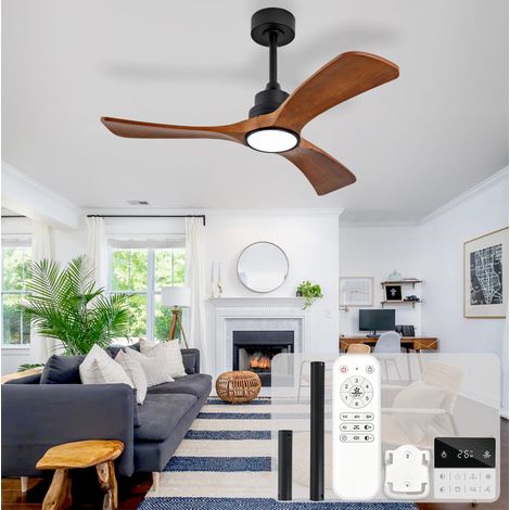 Ventilateur de plafond 106 cm, lumière LED, télécommande, commande murale, silencieux, 6 vitesses, moteur DC, noir/bois (1/5)