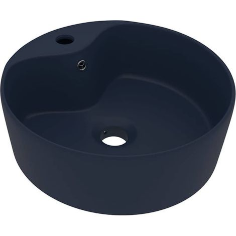 Vasque à Poser Ronde Salle de Bain avec Trop-Plein Céramique Bleu Foncé Mat Ø 36 x 13 cm (1/5)