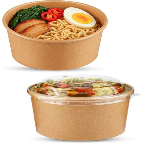 20 ciotole da insalata in carta kraft da 1000 ml con coperchio - Ciotole da asporto per cibi caldi/freddi - Contenitori per zuppe a tenuta stagna - Imballaggio in cartone (1/2)