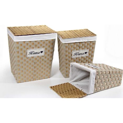 TRIS CESTE PORTABIANCHERIA IN VIMINI E TESSUTO HOME BIANCO E LEGNO NATURALE (1/2)