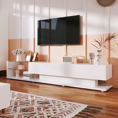 MEUBLIV Mueble TV 170x36x38 cm blanco brillo – LED, 2 cajones, cristal (1/5)