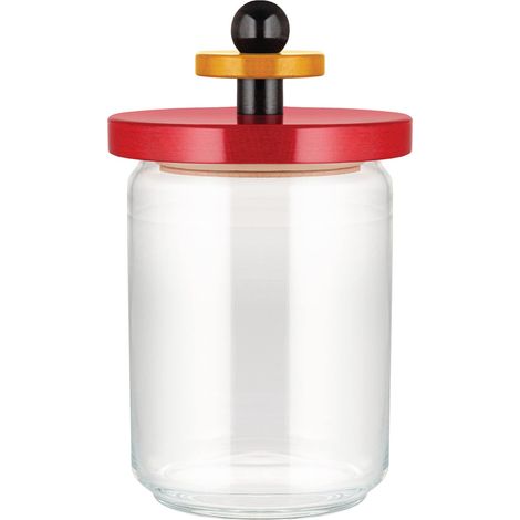 Alessi ES16/100 Barattolo Ermetico in Vetro con Coperchio in Legno di Faggio, Giallo, 100 Values Collection, Acciaio, Bianco/Nero/Rosso