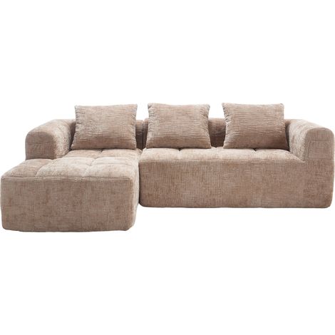 Divano angolare moderno a L 3 posti in ciniglia color khaki con chaise longue e 3 cuscini (1/5)