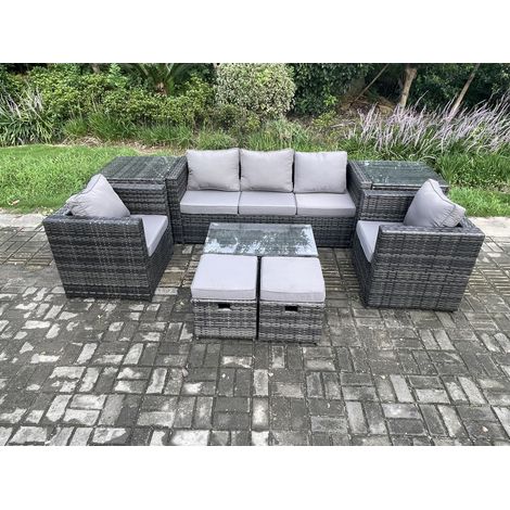 Fimous Outdoor Rattan Garden Furniture Set with 3 Seater Sofa Coffee Table 2 Side Tables 2 Armchairs 2 Small Footstool Patio Lounge Sofa Set Dark Grey Mixed (1/4)