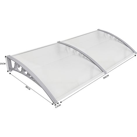 Aqrau Pensilina Tettoia per Porta Balcone Esterno, 100x300 cm, Tetto Policarbonato Alveolare Trasparente, Bianco