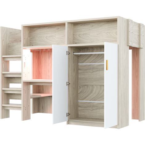 Letto a soppalco multifunzione 90 x 200 cm con scrivania, armadio e LED (1/5)