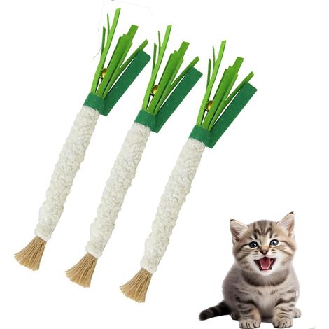 Lot de 3 jouets pour chat Silvervine en forme de poireau avec clochette - Bâtonnets à mâcher en feutre naturel de 22 cm, corde de chanvre résistante, jouet interactif pour le nettoyage des dents et le (1/5)
