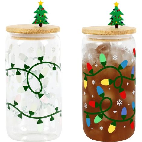 Tumbler En Verre Changeant De Couleur - Motif Lumières De Noël - Pour Boissons Froides - Avec Couvercle Et Paille - 1 Pièce (1/5)