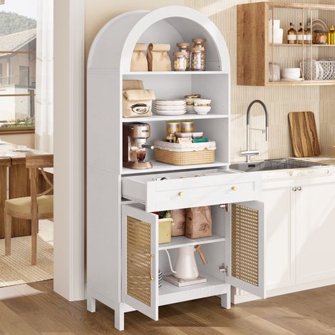Meuble Vitrine Rangement Arche 3 Niches 1 Tiroir 2 Portes en Rotin Vaisselier MDF Blanc et Bois pour Salon 70x40x170cm (1/5)