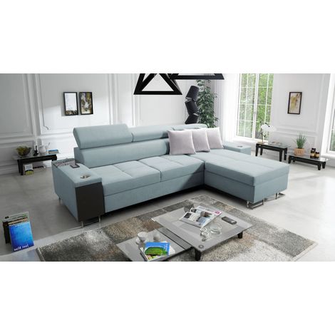 Bequemes Ecksofa mit Schlaffunktion MORENA I MINI Kunstleder/Sawana Weiß/Blaugrau Rechts (1/5)