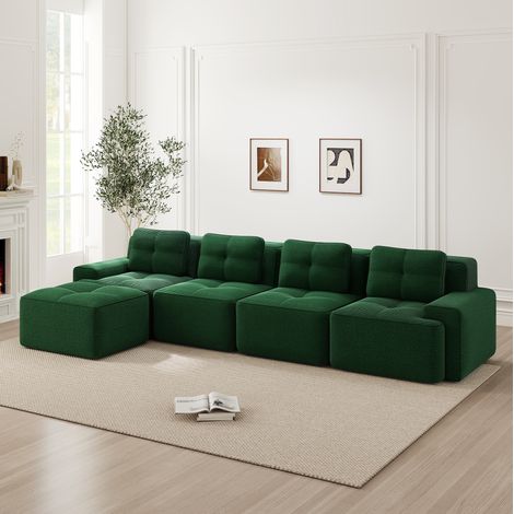 Canapé modular 4 plazas de pana verde con chaise longue en L, asiento profundo 74 cm, sin montaje (1/5)