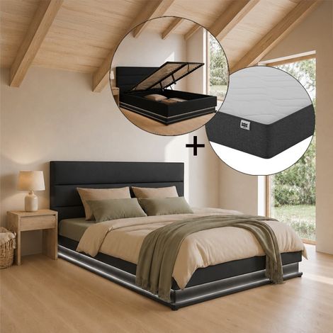 Letto Contenitore con Materasso Letto con Testiera e Rete Struttura Letto con LED Nero Opaco Llegno ed Ecopelle Modello Nitas 150x190 (1/5)