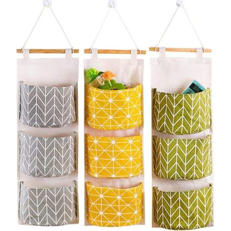 YMYNY 3er-Pack Aufbewahrungstaschen aus Baumwollleinen zur Wandmontage mit 3 Taschen, Hänge-Organizer (1/4)