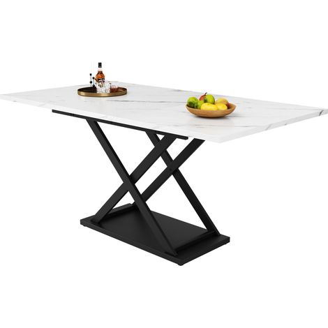 Table extensible 120-160x80cm, table à manger télescopique gain de place, pieds croisés en fer noir, finition marbrée blanche, salle à manger et cuisine (1/5)