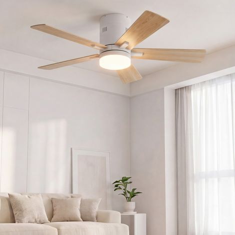 Ventilador de techo con luz - 42" / 106 cm - 5 aspas de madera con iluminación LED tricolor y mando a distancia - Madera natural (1/5)