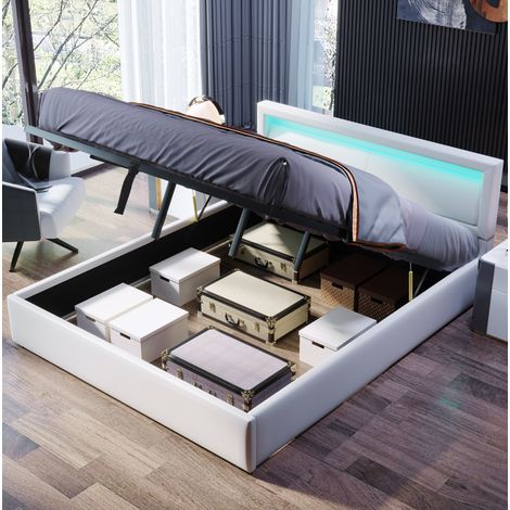 Lit rembourré moderne 140x200 cm PU blanc avec tête de lit LED, sommier à lattes et coffre (1/5)