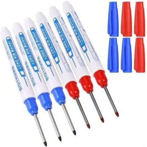 Set mit 6 Permanentmarkern mit feiner 30-mm-Spitze – Permanente Tinte für schwierige Oberflächen – Abriebfest – Farben: Blau und Rot