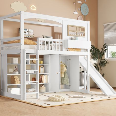 Lit mezzanine enfant 90x200 cm moderne avec toboggan, armoire, étagères, échelle 4 marches, bois massif et MDF, blanc naturel (1/5)