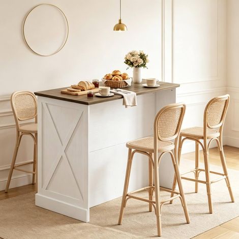 Îlot central de cuisine avec rangement, desserte de cuisine avec 2 tiroirs, placard à porte coulissante et plan de travail, blanc et bois foncé - CHICFURN (1/5)