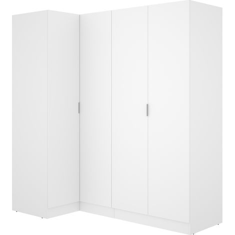 Armoire d'angle placard de rangement à 4 portes battantes, coloris Blanc - Hauteur 184 x Longueur 173,5 x Profondeur 90,5 cm (1/5)