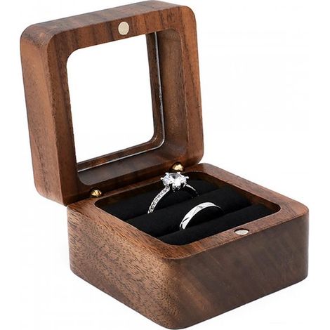 Boîte à bagues en bois - Mariage - Demande en mariage - Boîte à bijoux - Boîte à boucles d'oreilles - Boîte à bagues de luxe - Bois de noyer - Boîte à bijoux - Boîte à bagues - Boîte à bijoux - Noir (1/5)