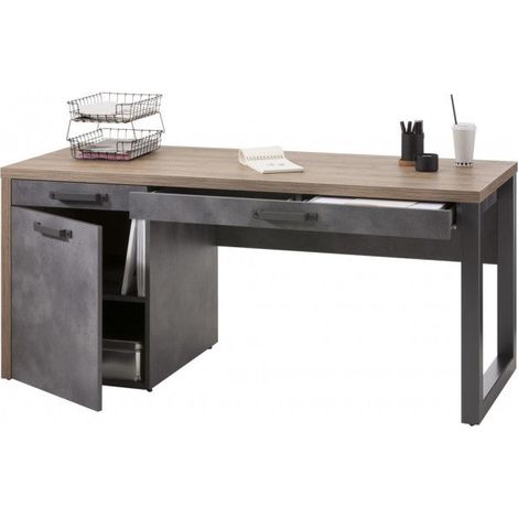 Scrivania da ufficio porta PC stile Industrial con 1 anta e 2 cassetti color rovere e nero 170 cm -Scrivania