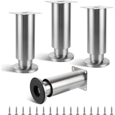 Pieds de meuble réglables en acier inoxydable – Capacité de levage 250 kg – Hauteur ajustable 150 mm – Lot de 4 – Finition argentée