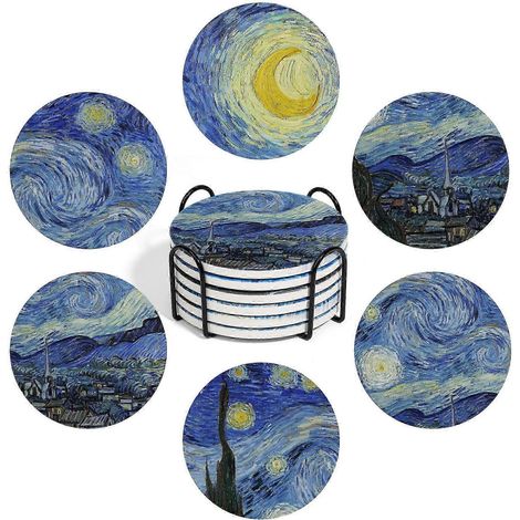 Lot de 6 sous-verres en céramique, motifs Van Gogh, pour table basse, cadeau et décoration intérieure, 10 cm de diamètre. (1/5)