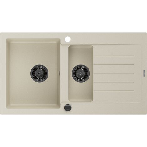 Mexen Matias évier en granit à 1,5 cuvette avec égouttoir 900 x 505 mm, Beige, siphon Noir - 6502901505-69-B (1/5)