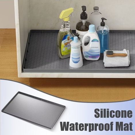 Tapis d'évier, tapis sous-évier, 86 x 56 cm, tapis de cuisine, revêtement en silicone imperméable avec trou de drainage (gris) - Tapis d'évier RWTapis (1/5)