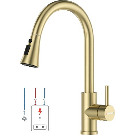 Robinet de Cuisine Doré Coupe Brosse, en Acier Inoxydable SUS304, 3 Types de Jet d'Eau, Douchette Extensible, Mitigeur Pivotant à 360° pour Chaudière, Robinet Bassin Basse Pression avec 3 (1/5)