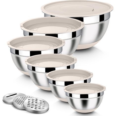 Lot de 6 saladiers en acier inoxydable avec 3 embouts de râpe, couvercle hermétique et fond en silicone, 4,6 l/2,8 l/2,5 l/1,6 l/1,2 l/0,7 l, empilables, kaki (1/5)