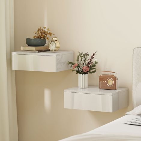 Set di 2 comodini a parete con cassetto, per camera da letto, in truciolato, bianchi (1/5)